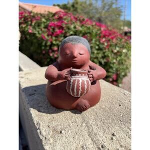 Mayan Style Vintage Pottery Sculpture Seated Woman 3" Figurine Folk Art Style